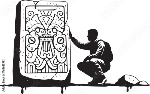 Silhouette of a man examining ancient engraved stone with detail