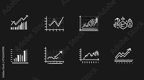 Chalkboard business graphs and charts set. Hand-drawn data analysis, financial growth, and market trend icons on dark background.
