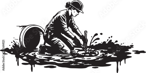 Diligent worker repairing a pipe in standing water with precisio