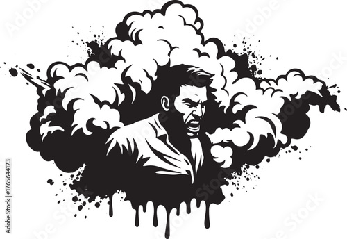 Intense monochrome illustration of a man amidst abstract cloud f