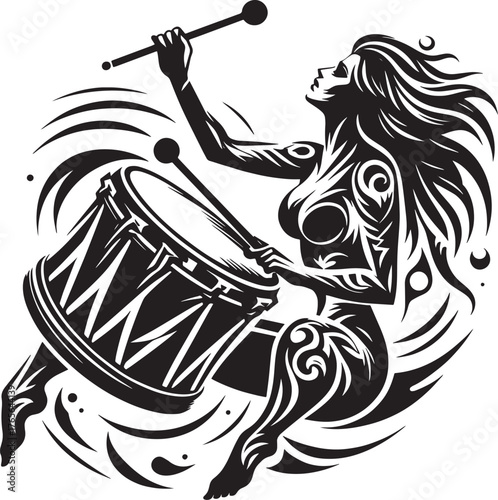Black and white illustration of a woman playing a drum with abst