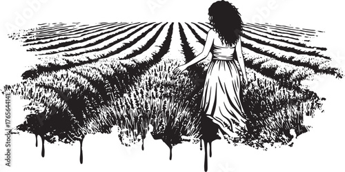 Solitary wanderer in ink, meandering through textured lavender f