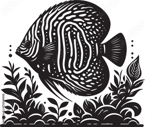 Artistic Black and White Vector Illustration of a Discus Fish wi