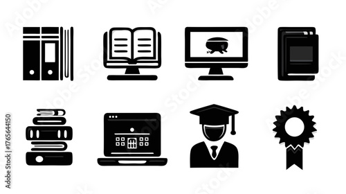 Modern Education and E-learning Icons Set. Black symbols representing knowledge, study, graduate, books, and digital learning concepts.