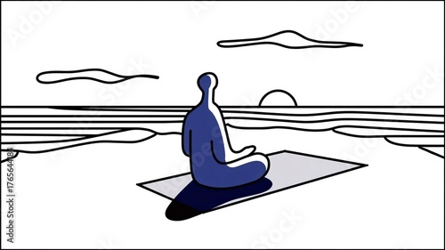 Minimalist person meditating by the sea for mindfulness app, yoga retreat and mental health blog  
