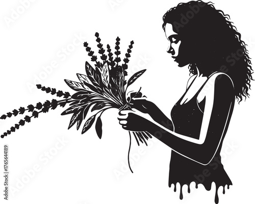 Elegant silhouette of a woman arranging a beautiful aromatic her