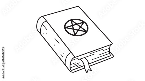 Spell book with pentagram simple line art illustration for occult themes isolated on white
