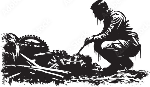 Monochrome abstract illustration featuring a mechanic working on
