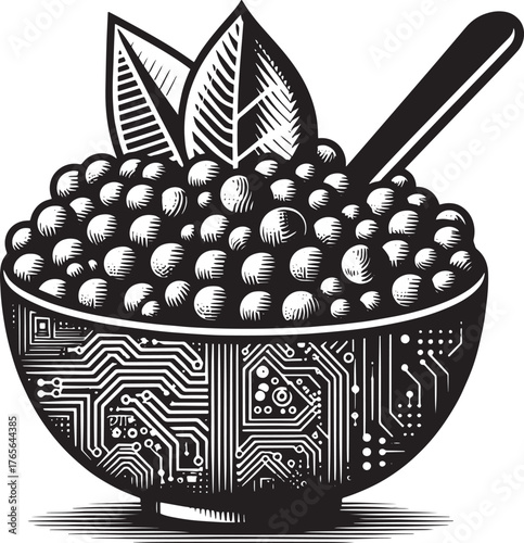A creative illustration of a bowl filled with food and technolog