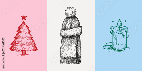 Minimal winter illustration set with Christmas tree, hat, candle. Pencil drawn holiday sketchy design for packaging and cards.