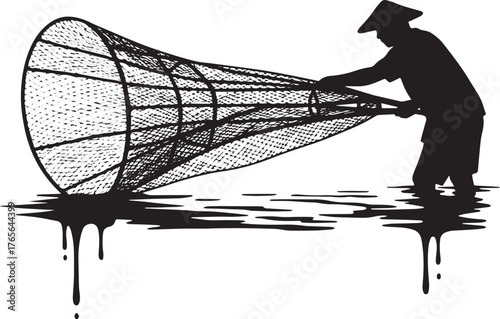 Silhouette of a traditional fisherman using a net in shallow wat