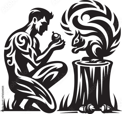 Artistic Illustration of a Man and Squirrel Interacting with Aco