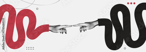 Two Fingers touching symbolising teamwork, connection, and bridging gap. Business relations and communication. Surreal abstract poster. Contemporary vector illustration art