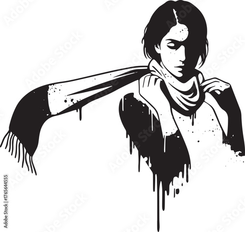 Monochromatic portrayal of a woman with a scarf in splash art st