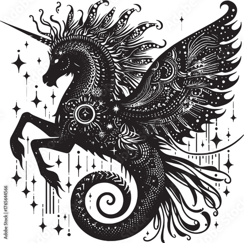 Intricate Black and White Illustration of a Mythical Creature wi