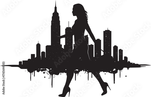 Silhouette of a woman walking in the city with stylish buildings