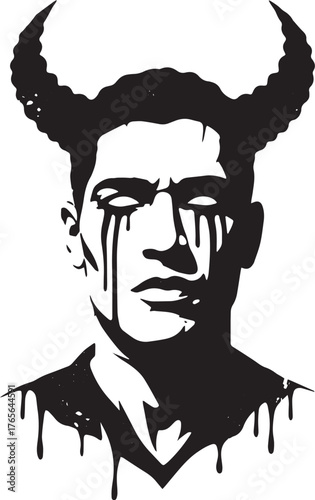 Monochrome Graphic Art Portrait of a Man with Horns and Streamin