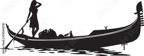 Elegant silhouette of a woman steering gondola through Venetian