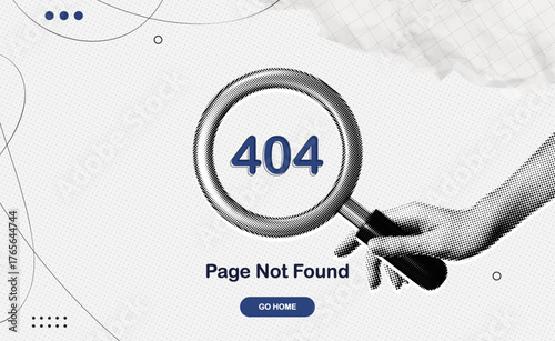 Trendy Halftone Collage 404 error. Page not found. Hand with magnifying glass looking for technical problem. System error, broken page. Contemporary vector illustration art