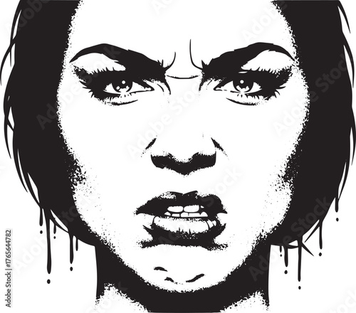 Intense gaze of a woman with furrowed brow in black and white ar