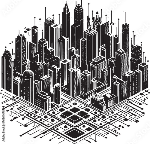 Vector illustration of a smart city with connected buildings and
