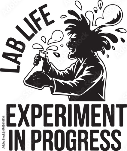 Black and white vector illustration of a mad scientist with bubbling liquid and text science