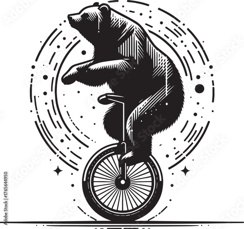 Black and white illustration of a bear riding a unicycle within