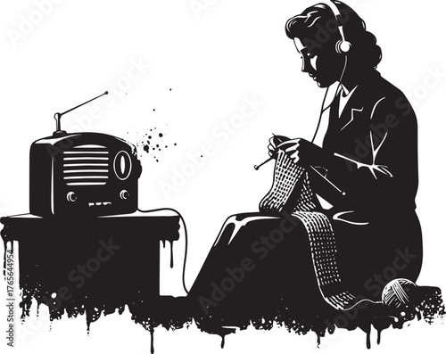 Monochrome illustration of a woman knitting, listening to music