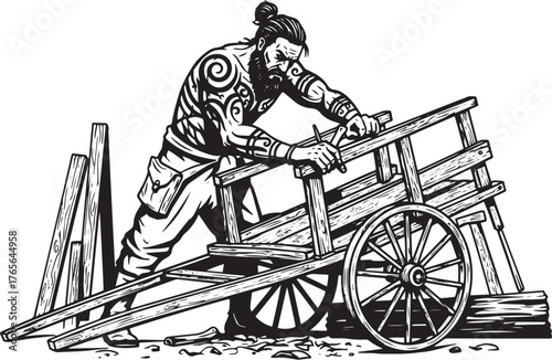 Intricate Line Art Illustration: Bearded Craftsman Building Wood