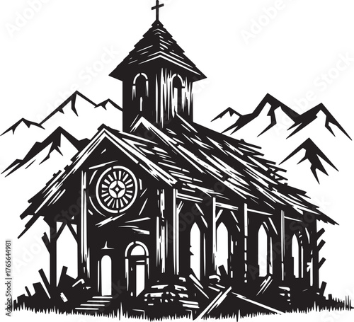Black and White Illustration of a Church Building with Mountaino