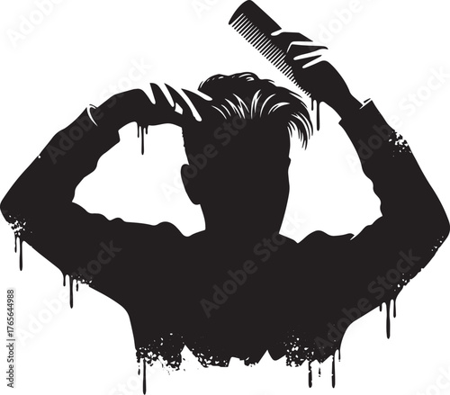 Stylized silhouette of a man grooming his hair with a comb graph