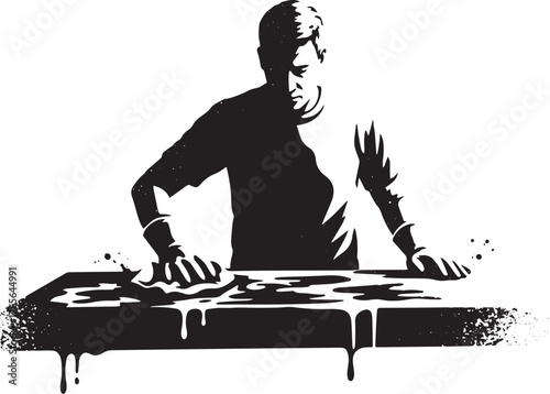 Monochrome illustration of a man meticulously wiping up spills o