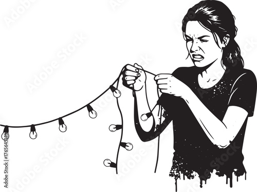 Frustrated woman untangling a string of festive lights artistic