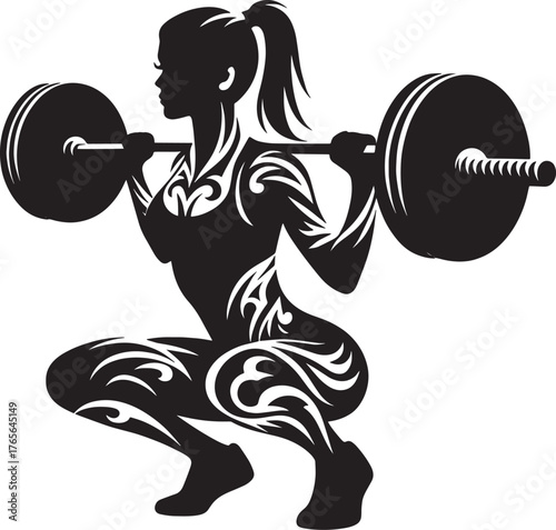 Silhouette of a woman performing a barbell squat exercise, showi