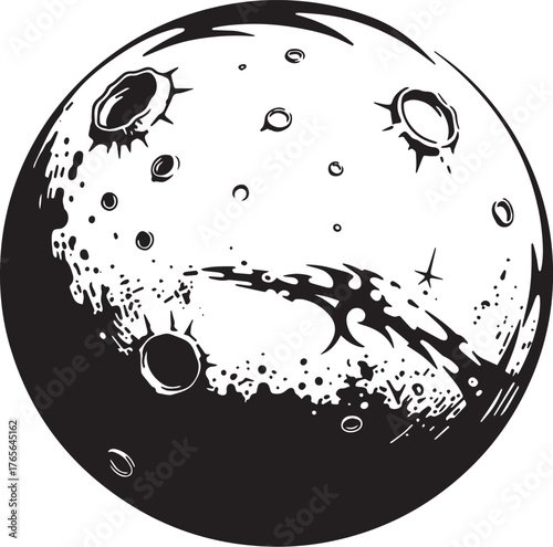 Stylized depiction of a cratered celestial body in black and whi