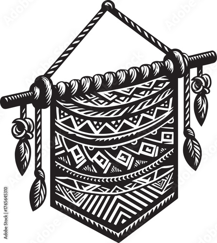 Detailed Black and White Illustration of a Decorative Banner wit