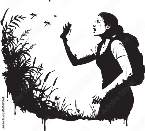Frustrated hiker swatting insects amidst dense foliage in monoch