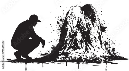 Monochrome man crouching contemplates abstract mountain illustra
