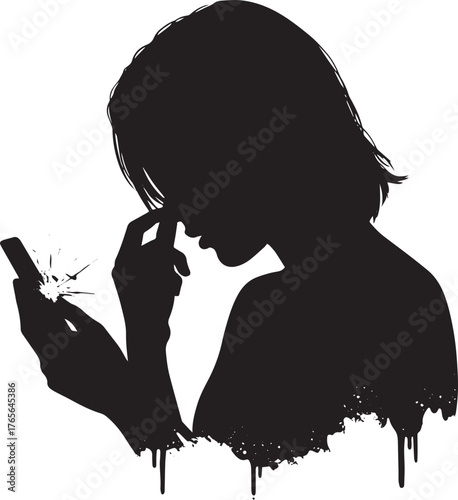 Silhouette of a woman staring at a cracked phone screen conveyin