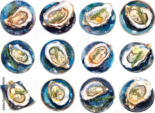 Watercolor Clipart of Raw Oysters with Lemon and Herbs