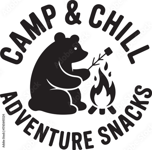 Black bear roasting marshmallow over campfire vector logo stick