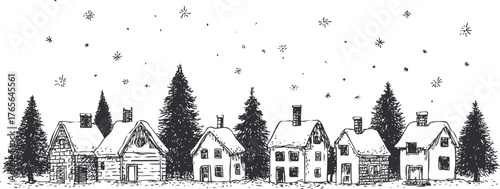 Detailed black engraving of snowy village houses under night sky, rustic nordic winter holiday style illustration.