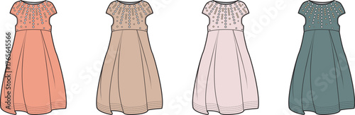 A collection of women's off-the-shoulder maxi dresses in various colors. Fashion apparel vector illustration set for technical design and clothing mockups