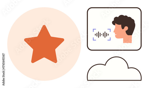 Star rating, voice recognition with sound waves and user profile, cloud storage. Ideal for feedback, AI, technology, usability, cloud computing user experience innovation. Simple flat metaphor