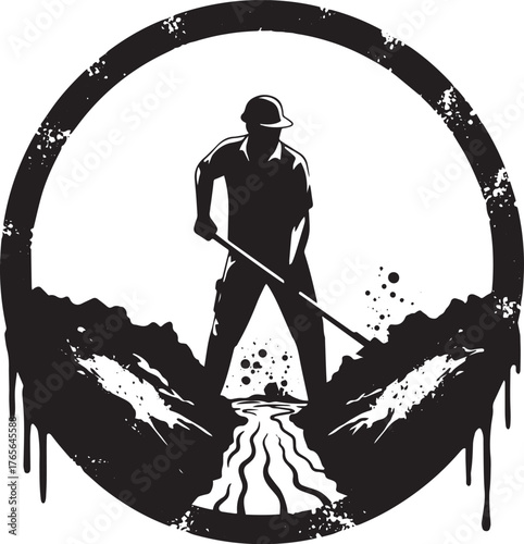 Monochrome depiction of a construction worker digging a trench l