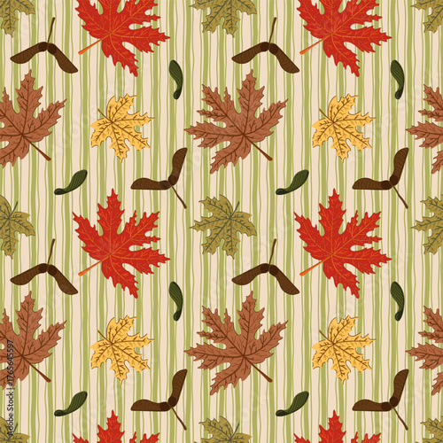 seamless pattern vertical stripe maple leaves autumn color, brown, green, pastel shades, Tablecloth