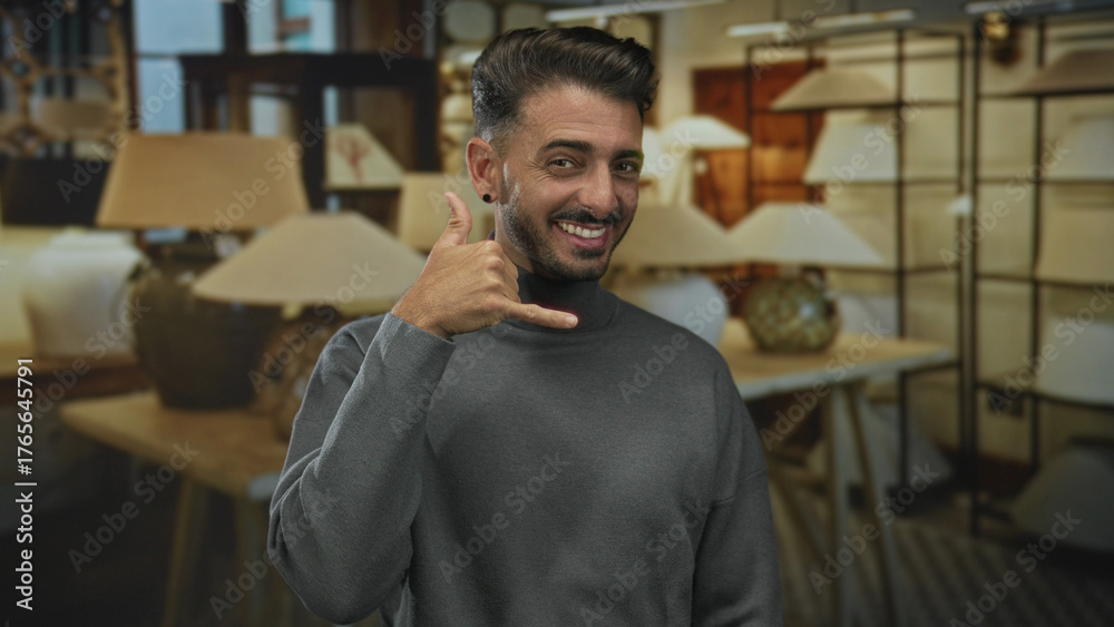 Obraz premium Man shows call gesture with finger to ear among beige lamps in modern building; welcoming communication.