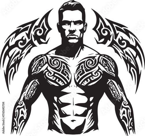 Intense stylized man with detailed tribal tattoos and wing desig