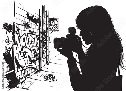 Urban photographer capturing graffiti art in black and white ill