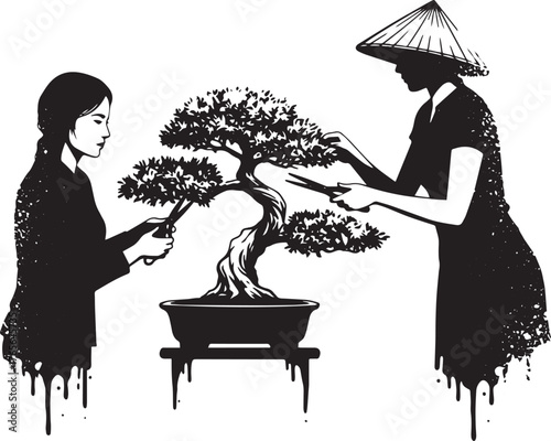 Monochrome illustration of two women cultivating a bonsai tree w